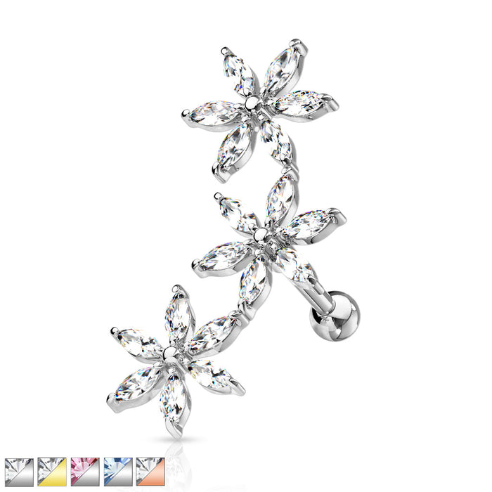 3 Marquise CZ Flowers 316L Surgical Steel Cartilage And Tragus Barbell Studs