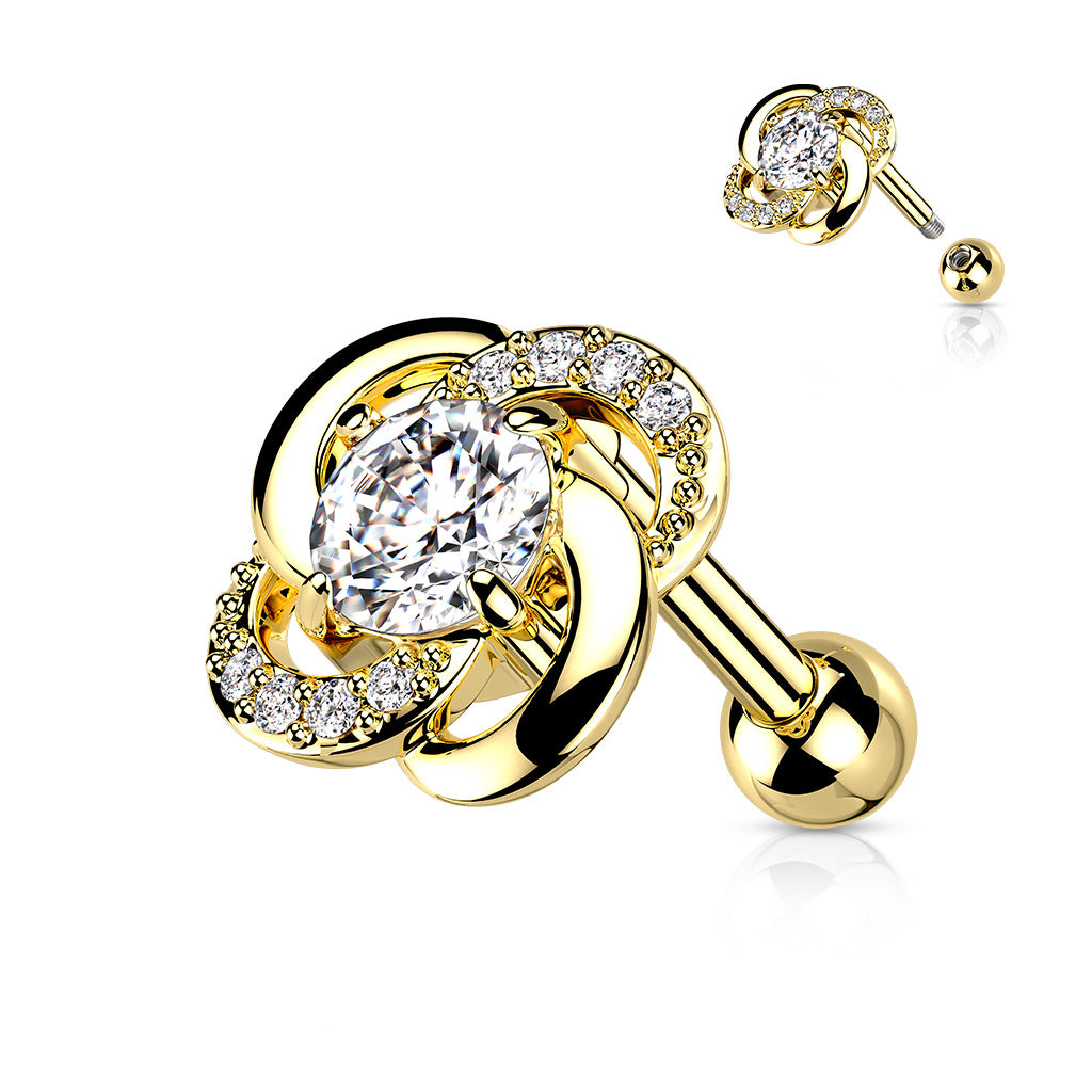 Paved CZ Flower with CZ Center 316L Surgical Steel Cartilage, Tragus Barbell Studs - Gold/Clear