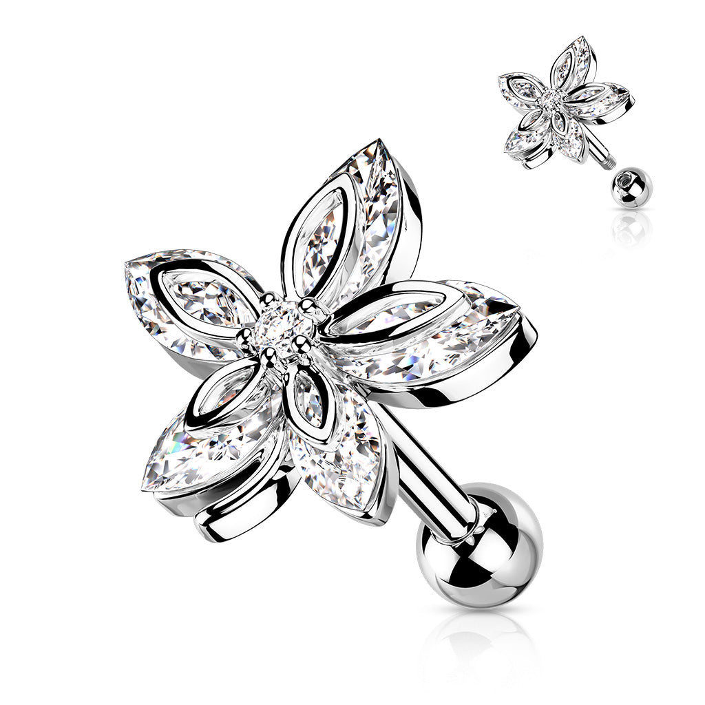 5 Marquise CZ Flower Top 316L Surgical Steel Cartilage, Tragus Barbell Studs - Clear