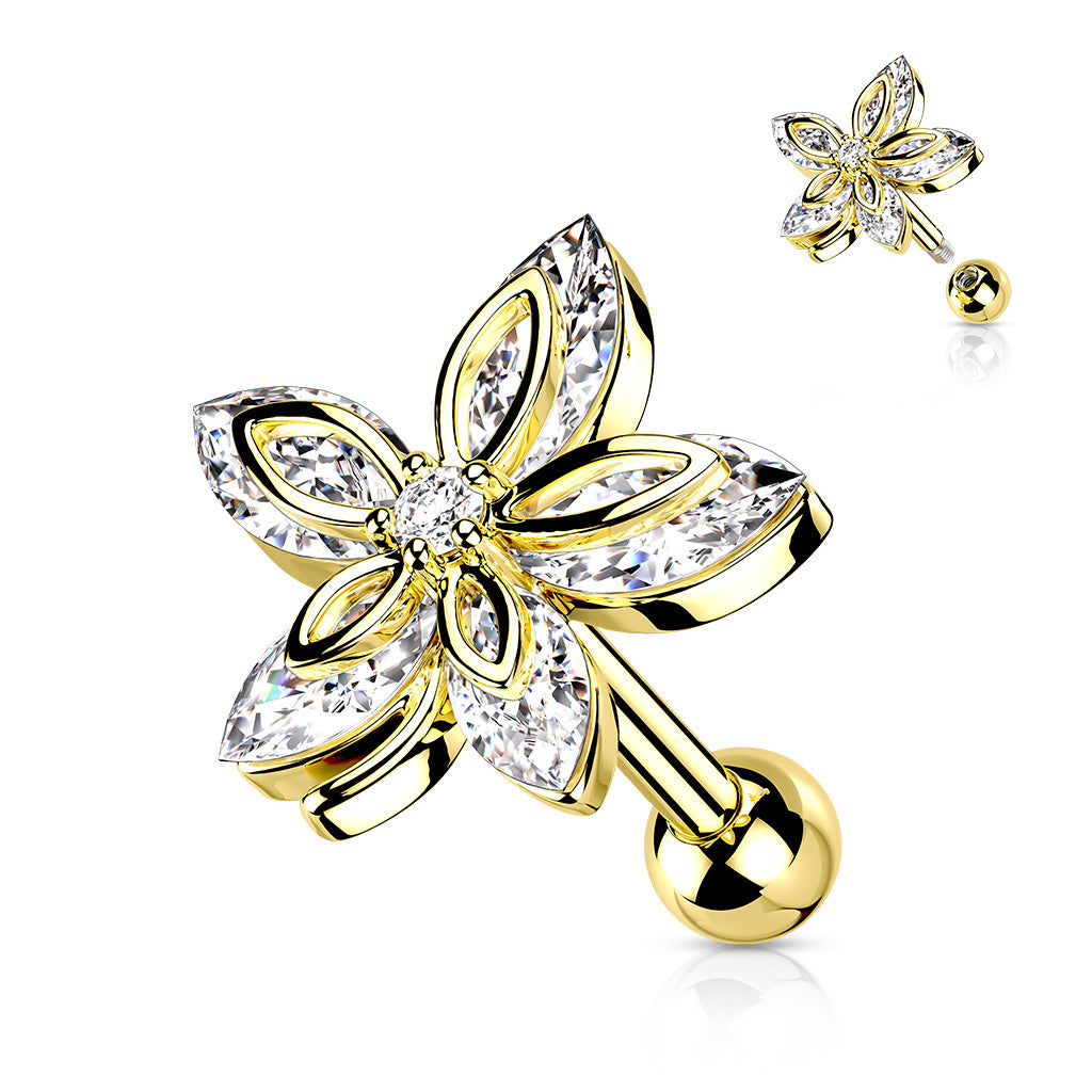5 Marquise CZ Flower Top 316L Surgical Steel Cartilage, Tragus Barbell Studs - Gold/Clear