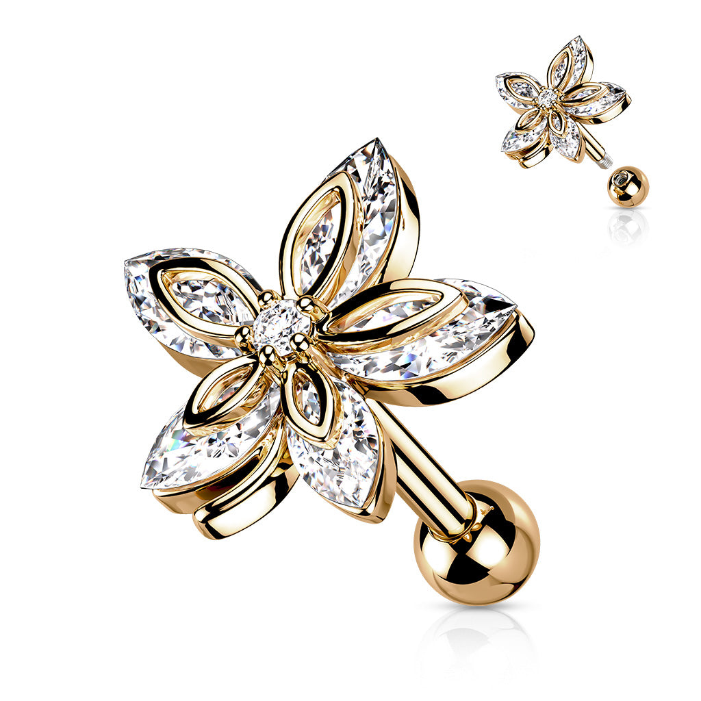 5 Marquise CZ Flower Top 316L Surgical Steel Cartilage, Tragus Barbell Studs - Rose Gold/Clear