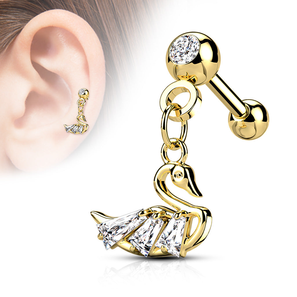 CZ Pressed Ball with CZ Swan Dangle 316L Surgical Steel Cartilage, Tragus Barbell Studs - Gold/Clear