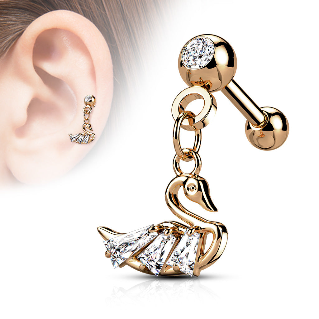 CZ Pressed Ball with CZ Swan Dangle 316L Surgical Steel Cartilage, Tragus Barbell Studs - Rose Gold/Clear