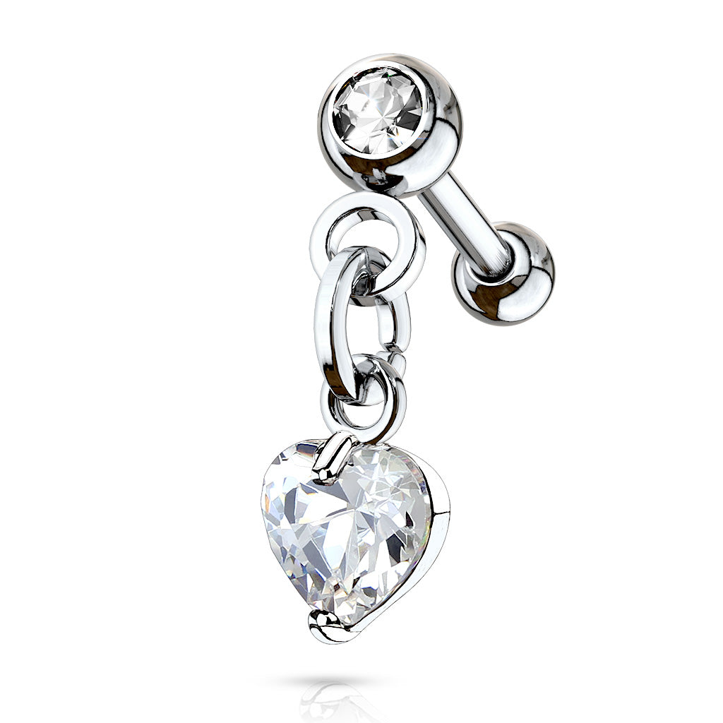 Crystal Set Ball with Prong Set Heart CZ Dangle 316L Surgical Steel Cartilage, Tragus Barbell Studs - Clear