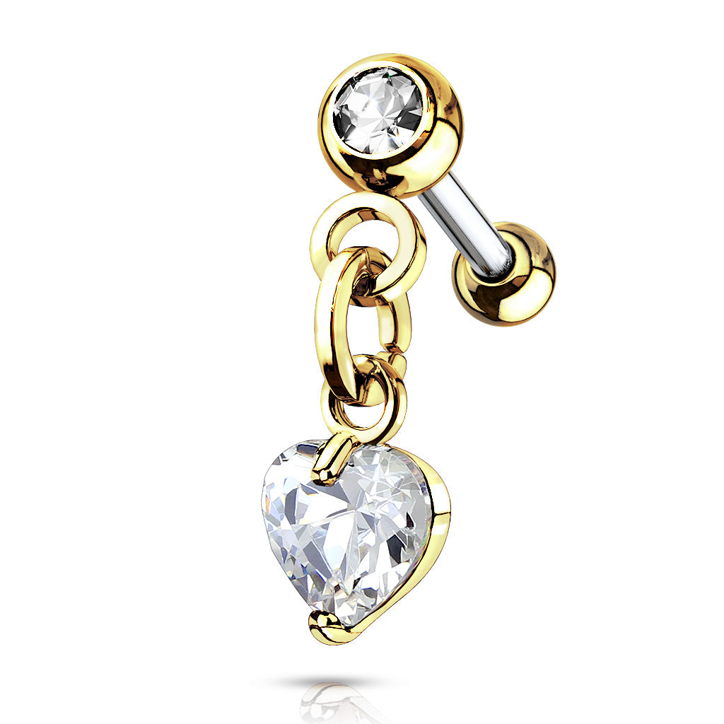 Crystal Set Ball with Prong Set Heart CZ Dangle 316L Surgical Steel Cartilage, Tragus Barbell Studs - Gold/Clear