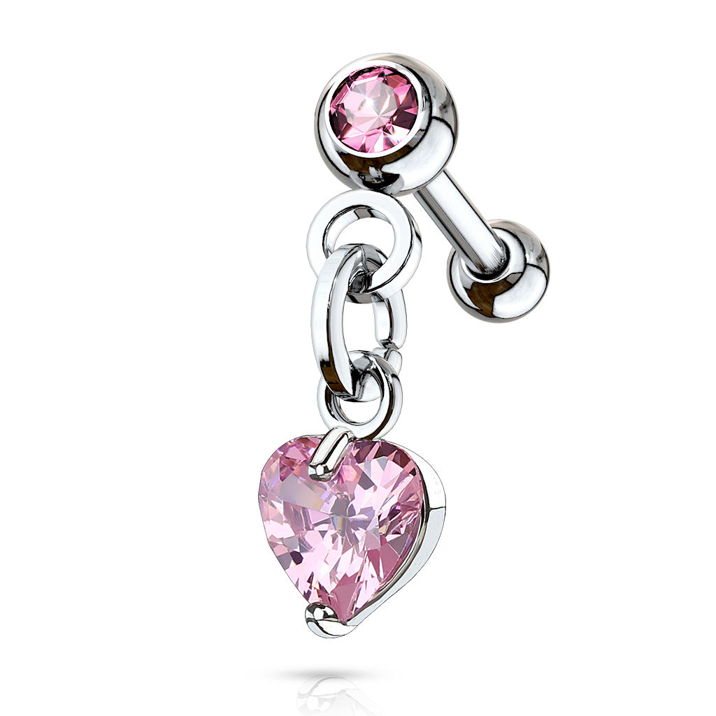 Crystal Set Ball with Prong Set Heart CZ Dangle 316L Surgical Steel Cartilage, Tragus Barbell Studs - Pink