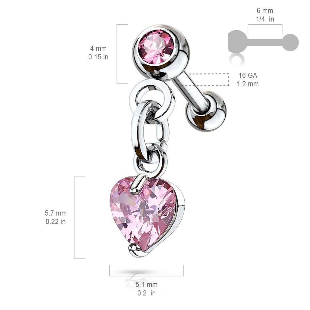 Crystal Set Ball with Prong Set Heart CZ Dangle 316L Surgical Steel Cartilage, Tragus Barbell Studs size chart