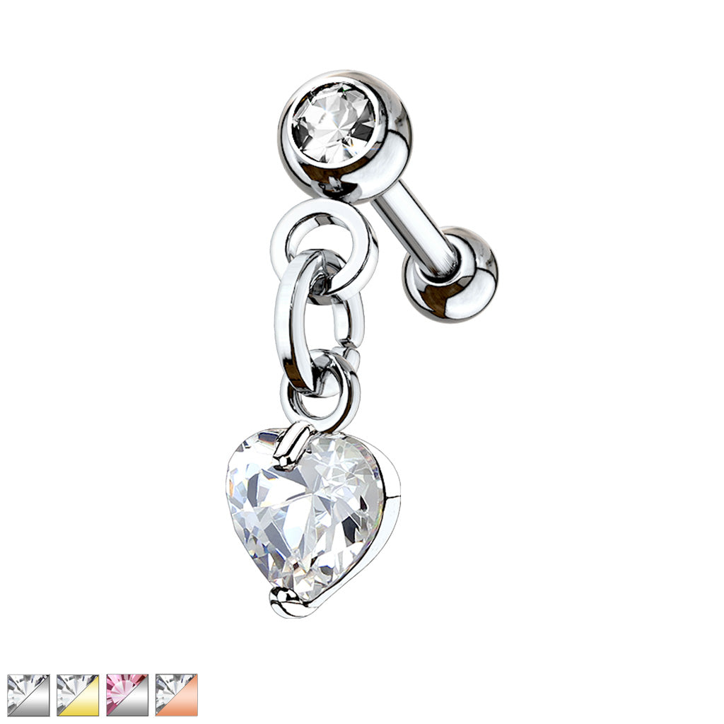 Crystal Set Ball with Prong Set Heart CZ Dangle 316L Surgical Steel Cartilage, Tragus Barbell Studs - all colors