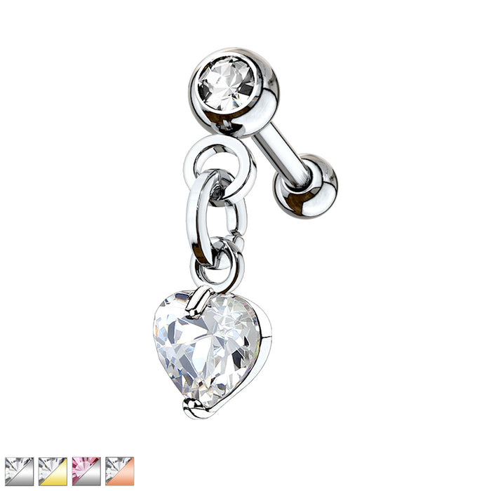 Crystal Ball With Heart CZ Dangle 316L Surgical Steel Cartilage Tragus Barbell