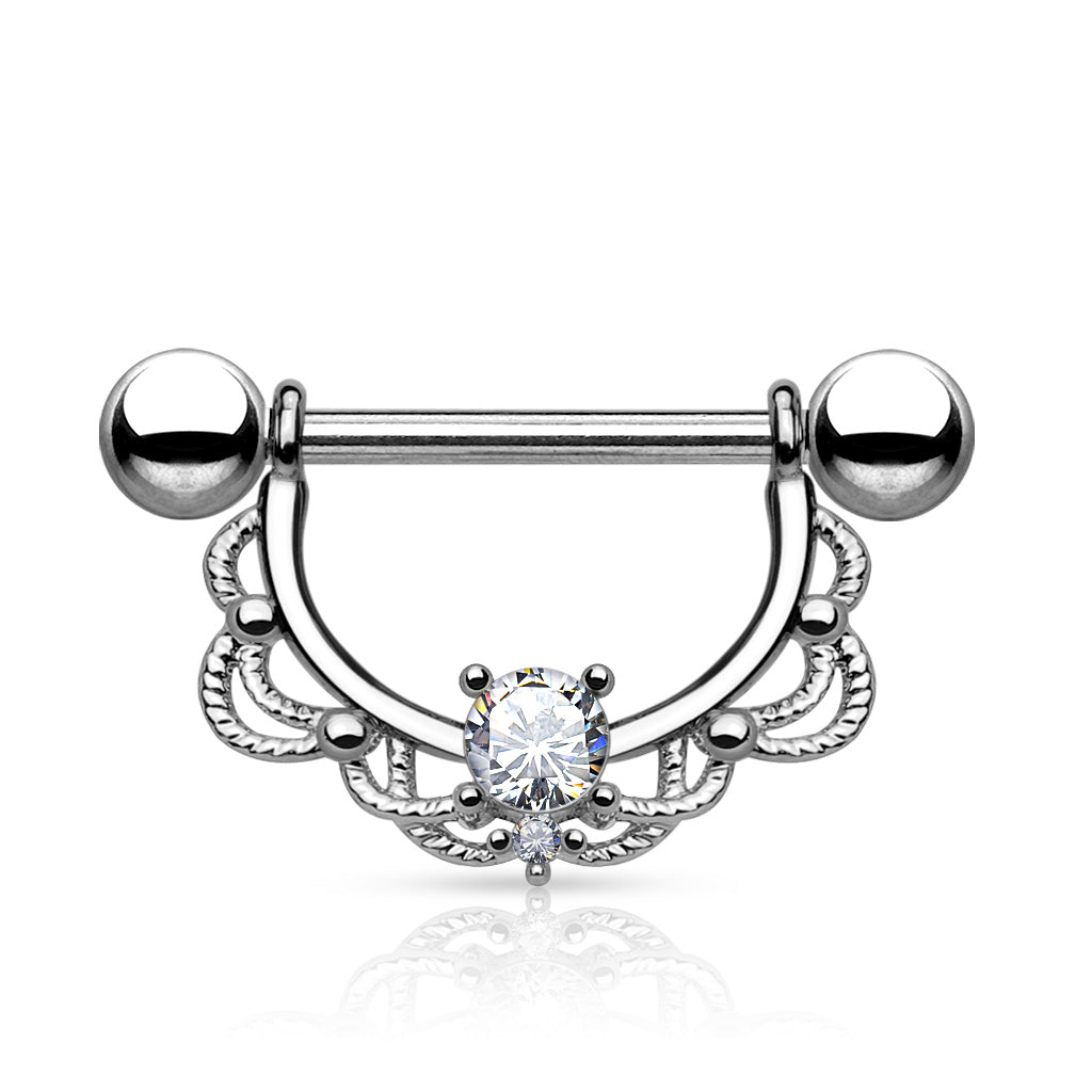CZ Centered Filigree Drop 316L Surgical Steel Nipple Rings - Clear