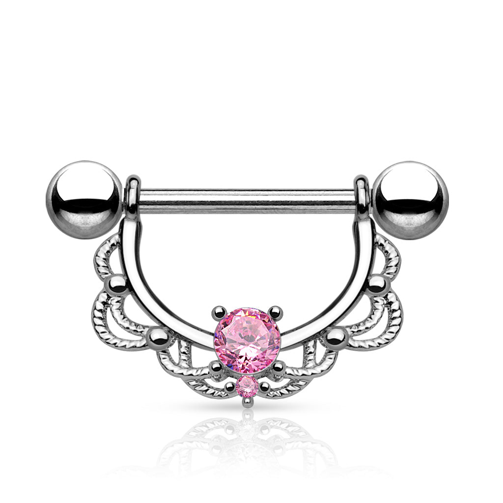CZ Centered Filigree Drop 316L Surgical Steel Nipple Rings - Pink