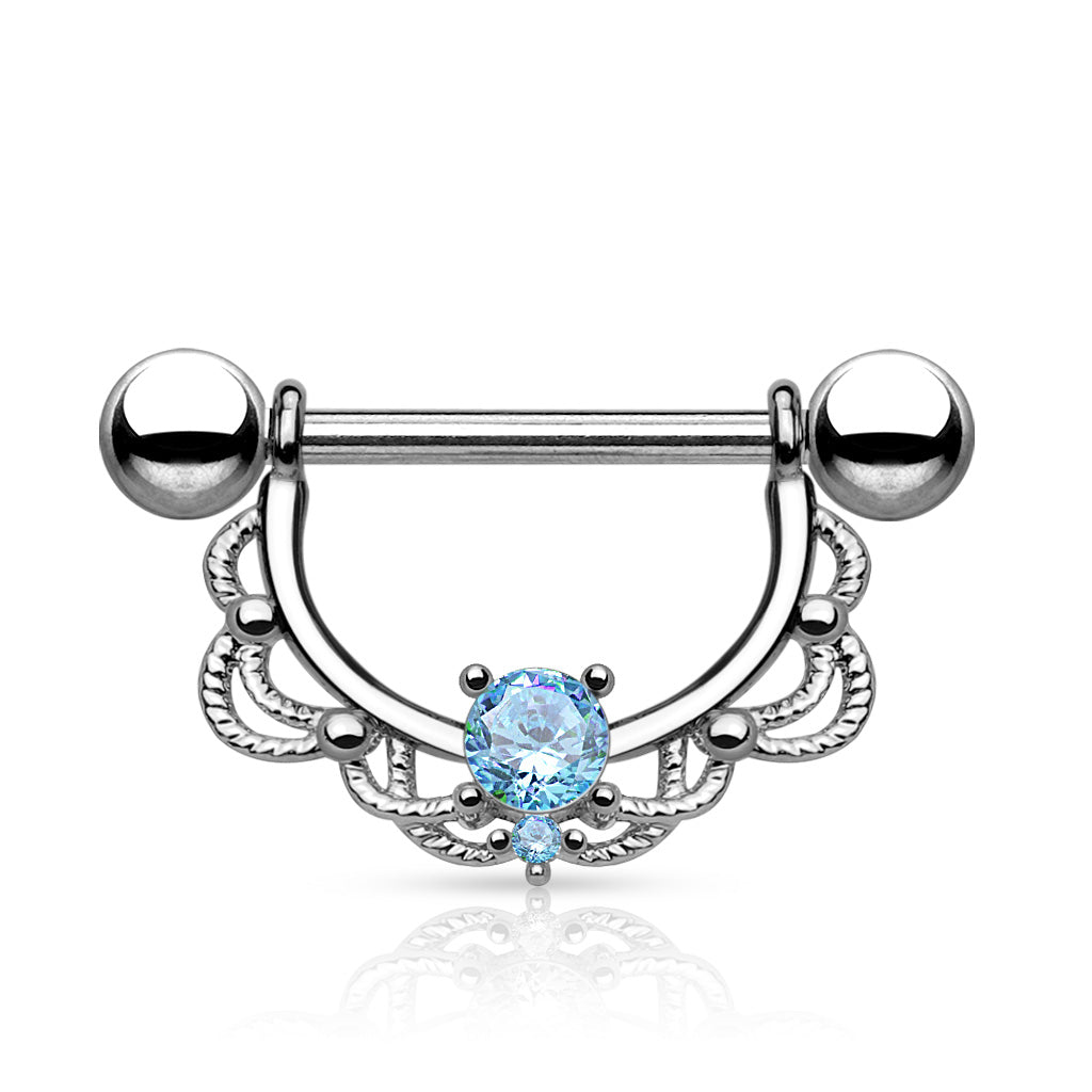 CZ Centered Filigree Drop 316L Surgical Steel Nipple Rings - Aqua