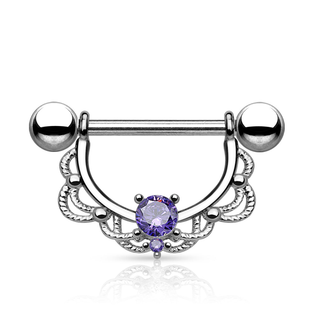 CZ Centered Filigree Drop 316L Surgical Steel Nipple Rings - Tanzanite