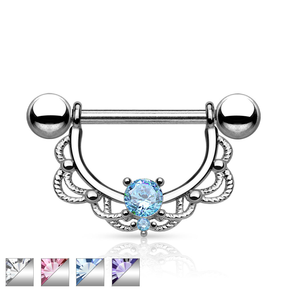 CZ Centered Filigree Drop 316L Surgical Steel Nipple Rings - all colors