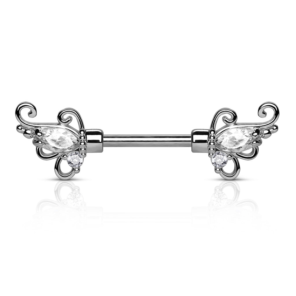CZ Set Floral Filigree Ends 316L Surgical Steel Nipple Barbells - Clear