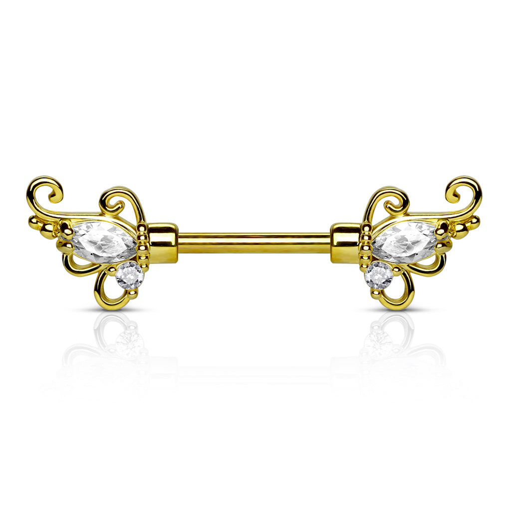 CZ Set Floral Filigree Ends 316L Surgical Steel Nipple Barbells - Gold/Clear