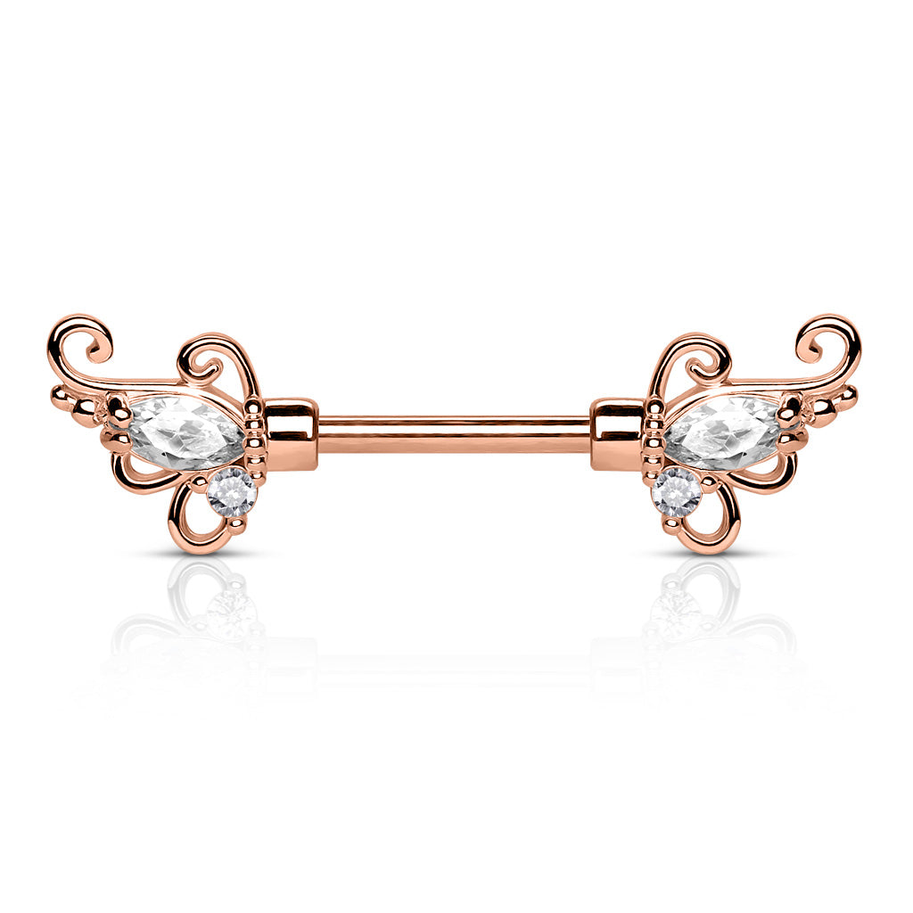 CZ Set Floral Filigree Ends 316L Surgical Steel Nipple Barbells - Rose Gold/Clear