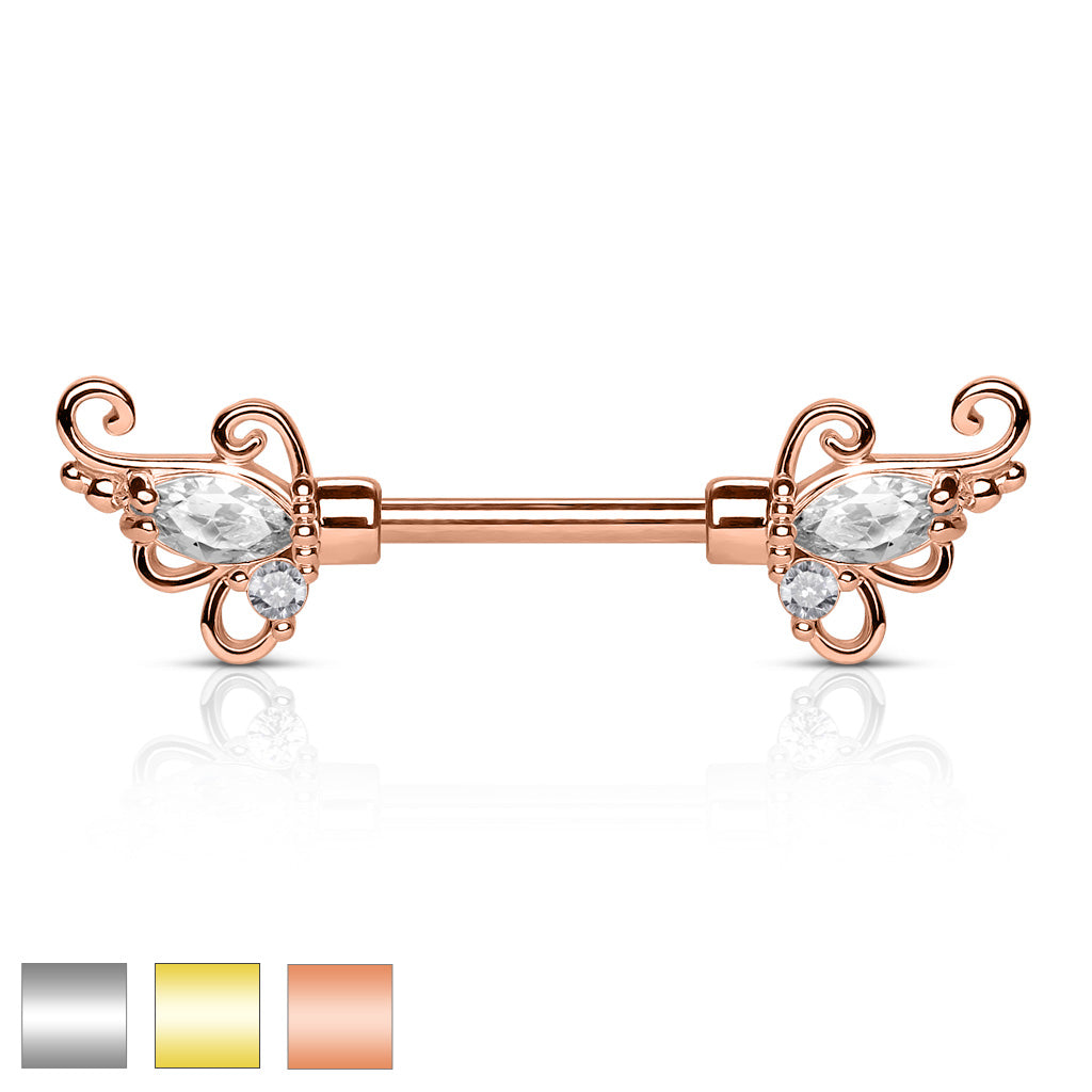 CZ Set Floral Filigree Ends 316L Surgical Steel Nipple Barbells - all colors