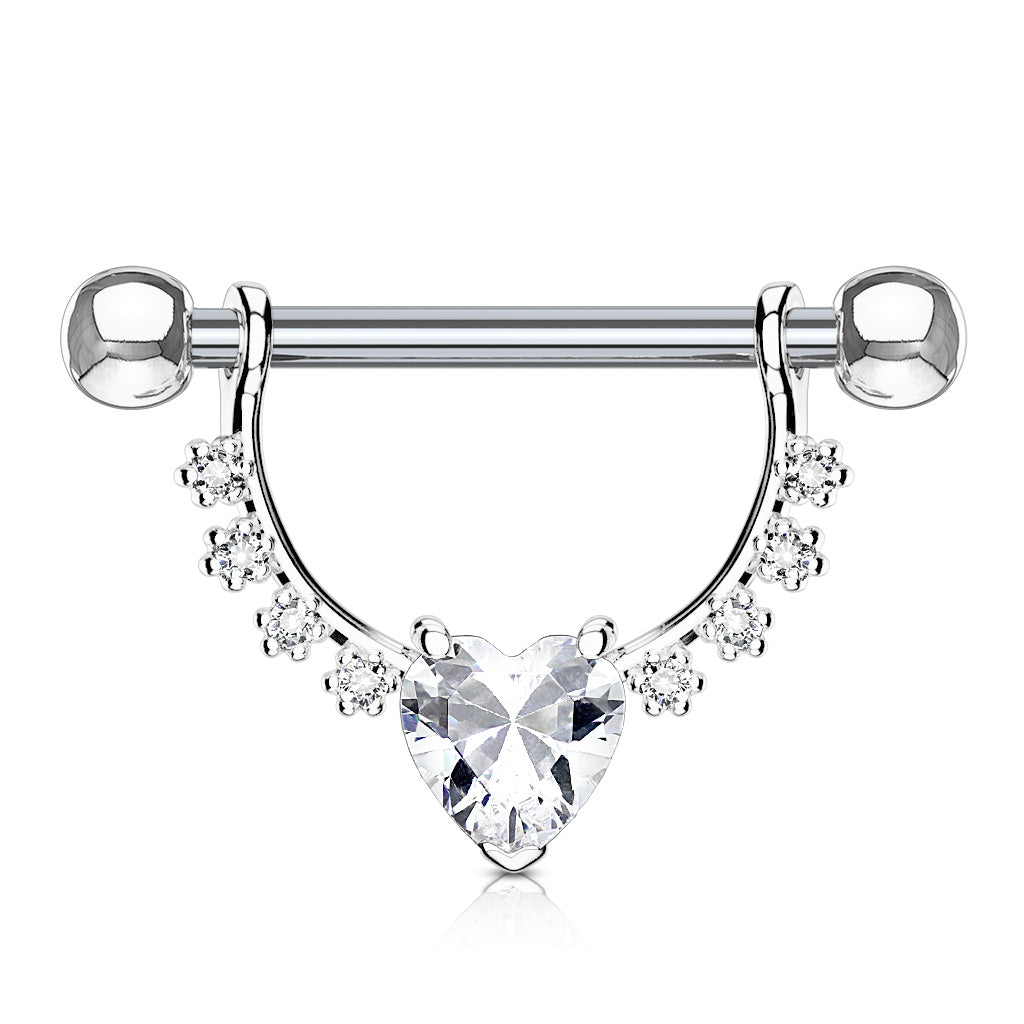 Heart CZ Center with Lined Prong Set CZs Dangle 316L Surgical Steel Nipple Rings - Clear