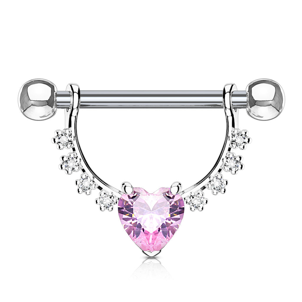 Heart CZ Center with Lined Prong Set CZs Dangle 316L Surgical Steel Nipple Rings - Clear/Pink