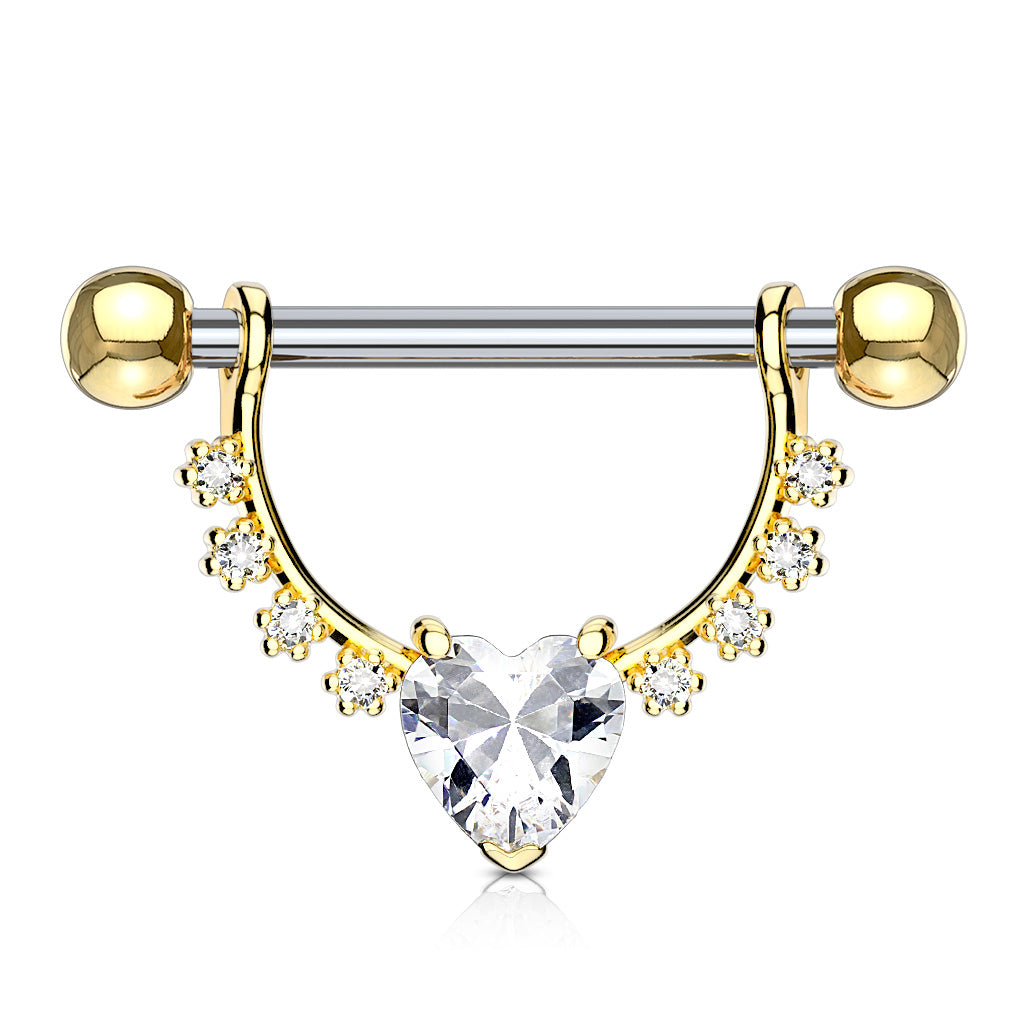Heart CZ Center with Lined Prong Set CZs Dangle 316L Surgical Steel Nipple Rings - Gold/Clear
