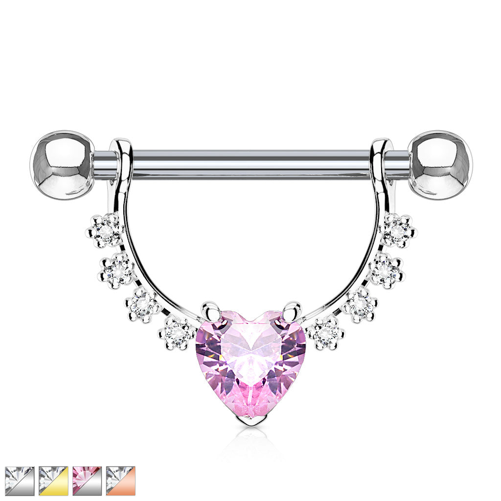 Heart CZ Center with Lined Prong Set CZs Dangle 316L Surgical Steel Nipple Rings - all colors