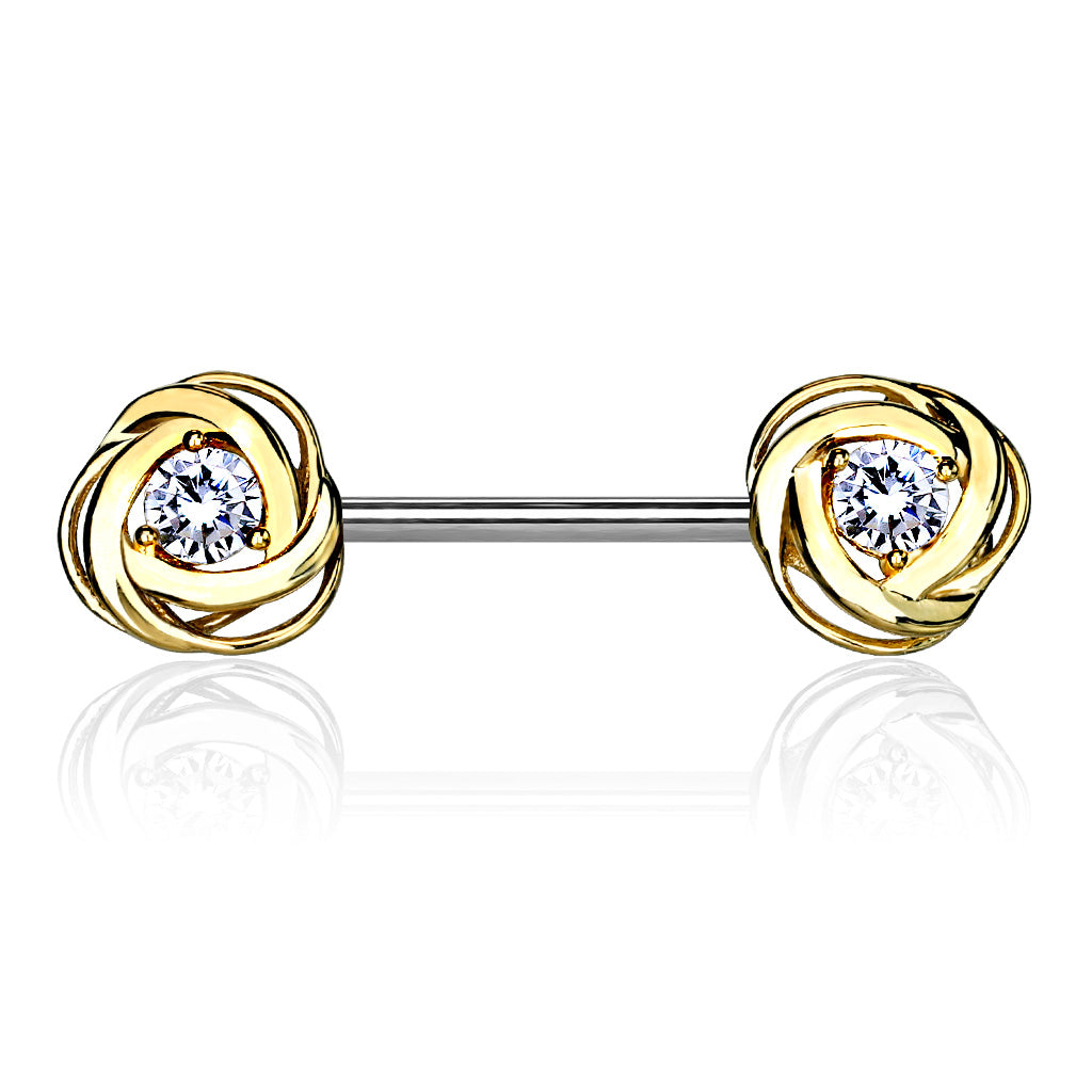 CZ Centered Rose Blossom Ends 316L Surgical Steel Nipple Barbell Rings - Gold/Clear