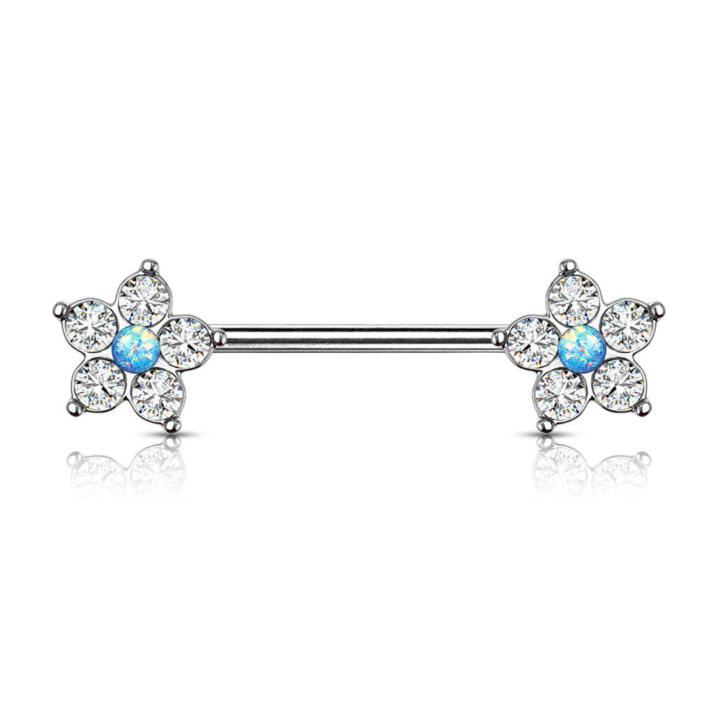 5 CZ Flower with Opal Glitter Center 316L Surgical Steel Nipple Barbell Rings - Blue