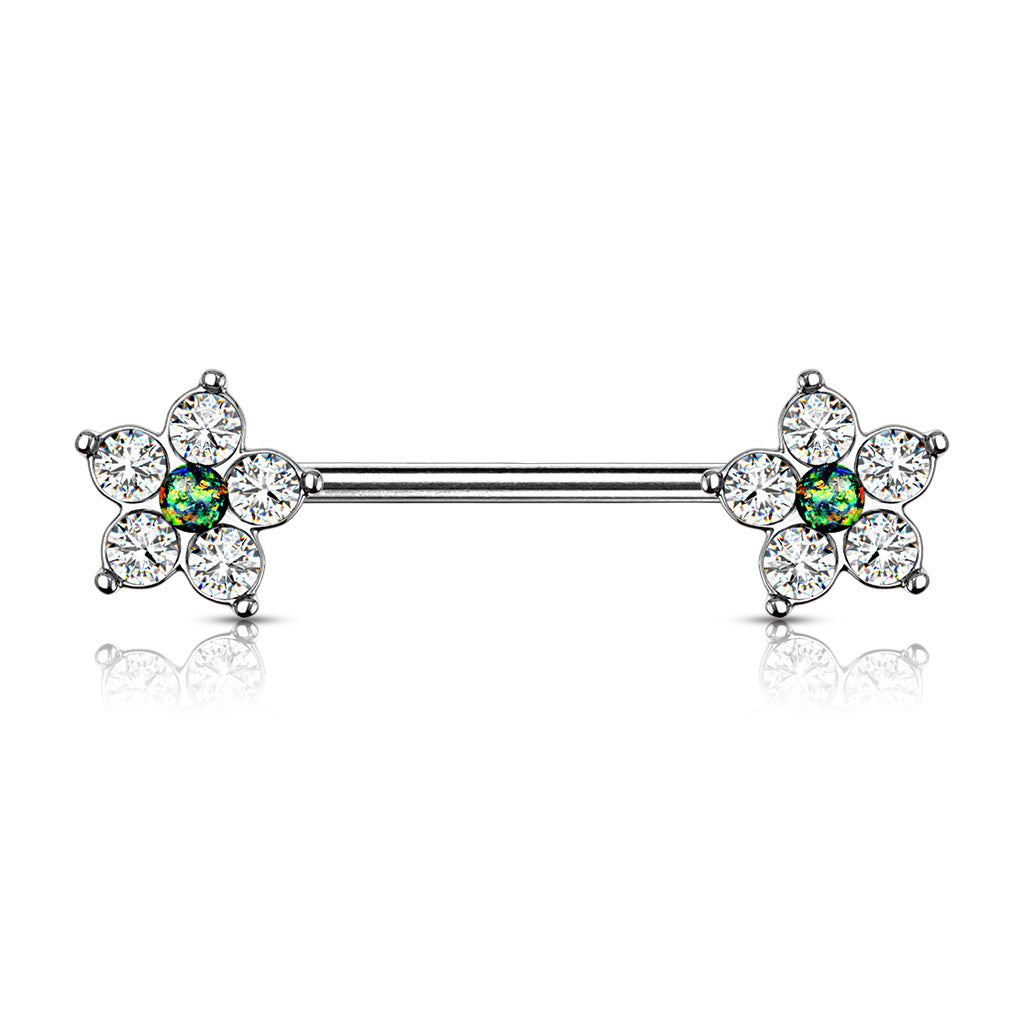 5 CZ Flower with Opal Glitter Center 316L Surgical Steel Nipple Barbell Rings - Dark Green