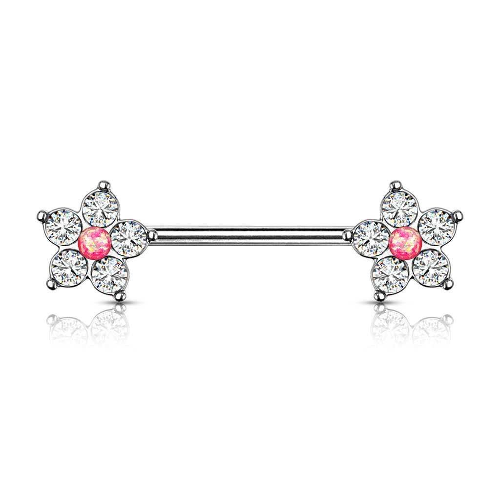 5 CZ Flower with Opal Glitter Center 316L Surgical Steel Nipple Barbell Rings - Pink