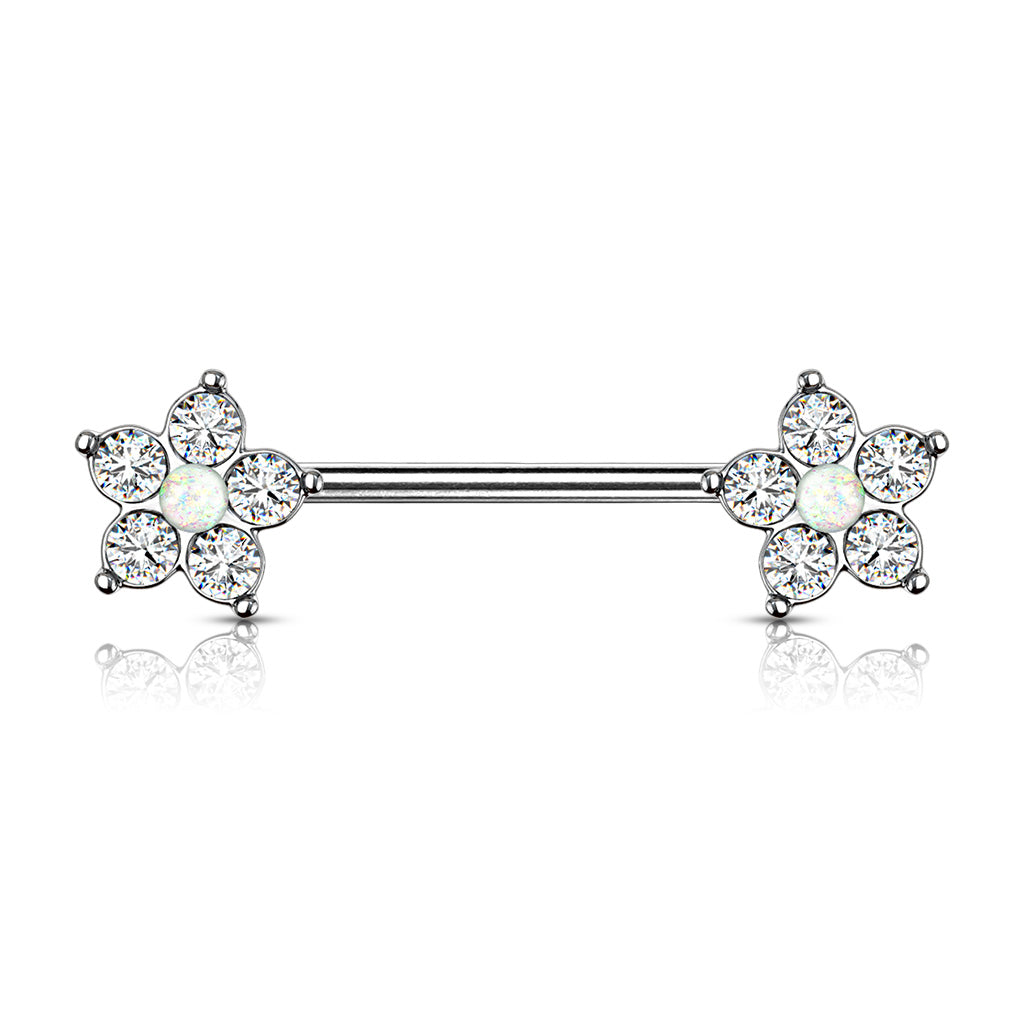 5 CZ Flower with Opal Glitter Center 316L Surgical Steel Nipple Barbell Rings - White