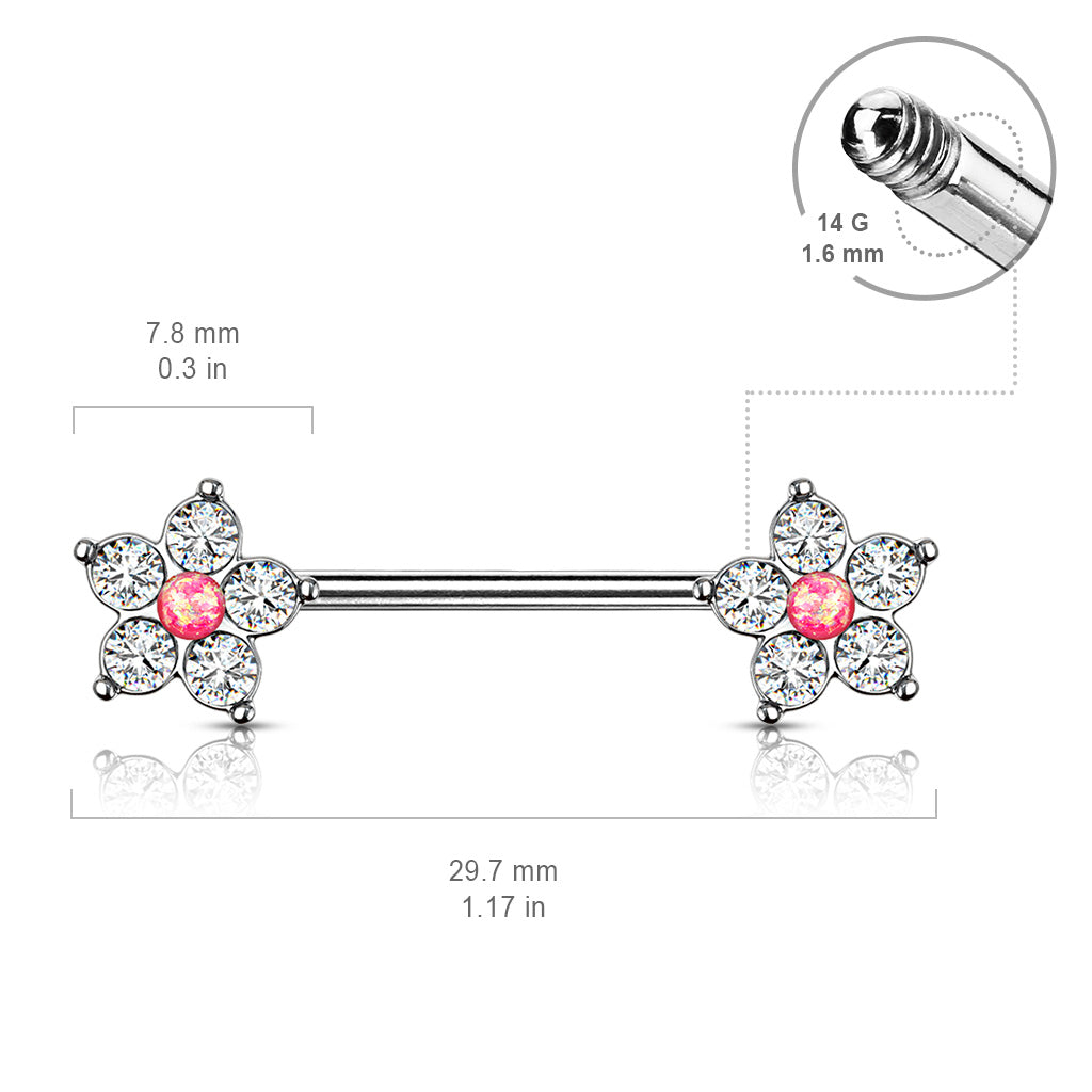 5 CZ Flower with Opal Glitter Center 316L Surgical Steel Nipple Barbell Rings size chart