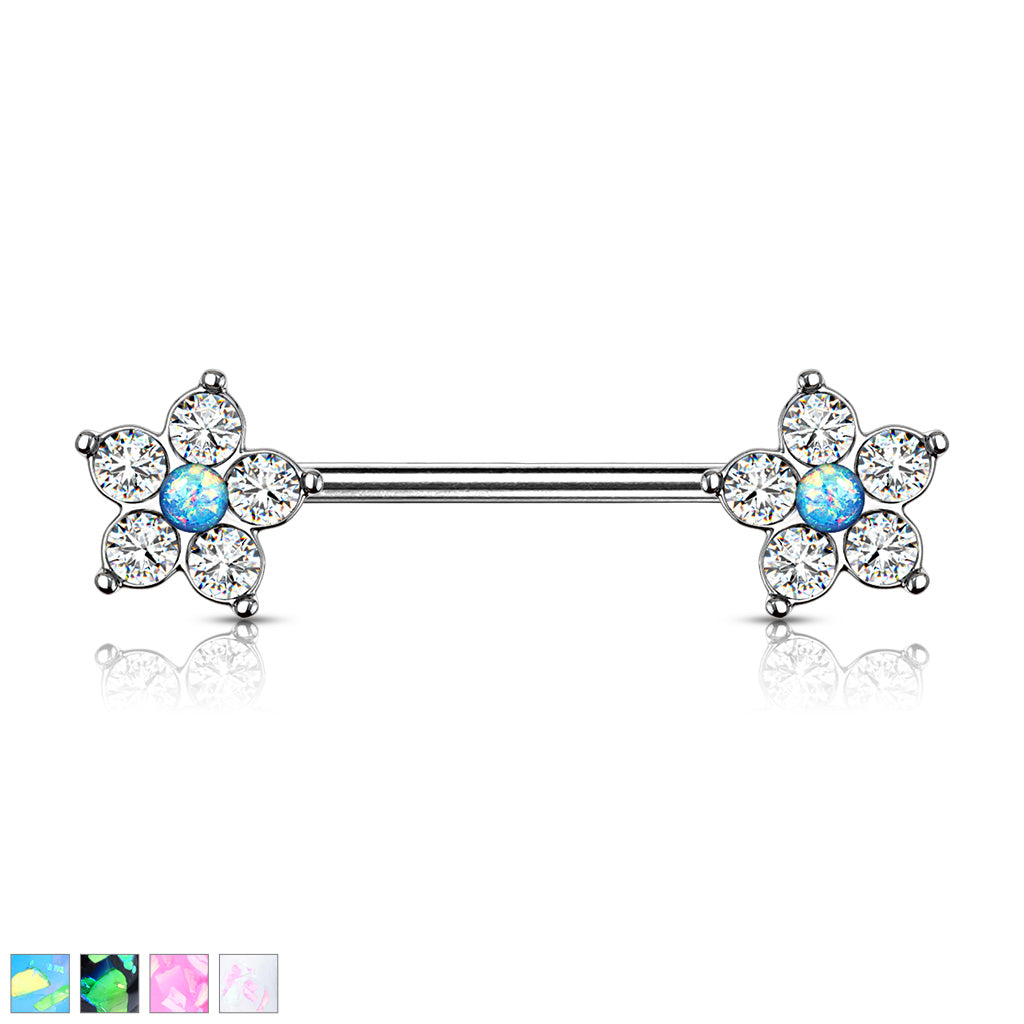 5 CZ Flower with Opal Glitter Center 316L Surgical Steel Nipple Barbell Rings - all colors