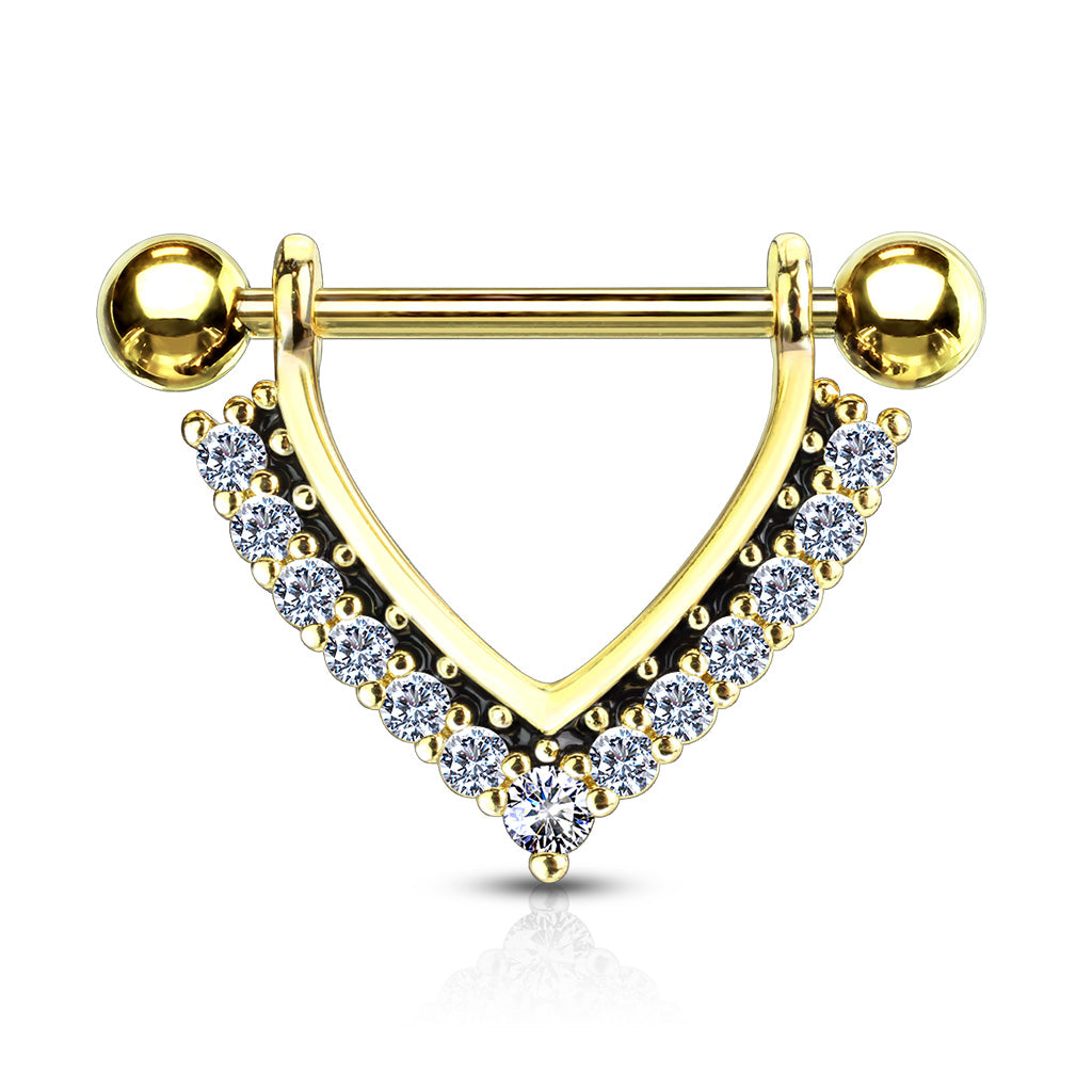 CZ Paved Black Enamel Dangle 316L Surgical Steel Nipple Rings - Gold/Clear
