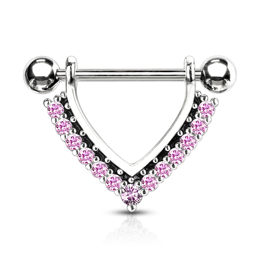 CZ Paved Black Enamel Dangle 316L Surgical Steel Nipple Rings - Pink