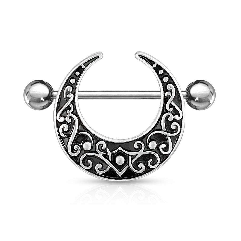 Crescent Shaped Filigree 316L Surgical Steel Nipple Shield Ring - Antique Silver