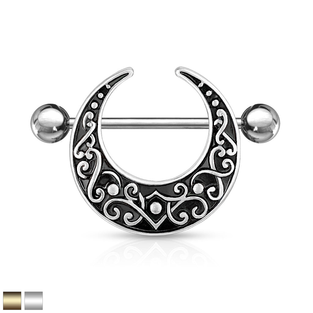 Crescent Shaped Filigree 316L Surgical Steel Nipple Shield Ring - all colors