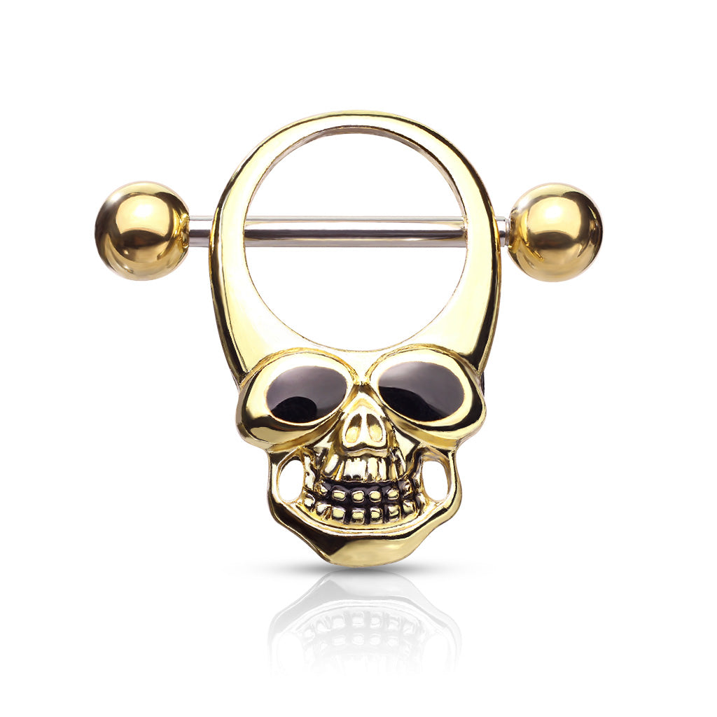 Skull With Enamel Eyes 316L Surgical Steel Nipple Shield Ring - Gold
