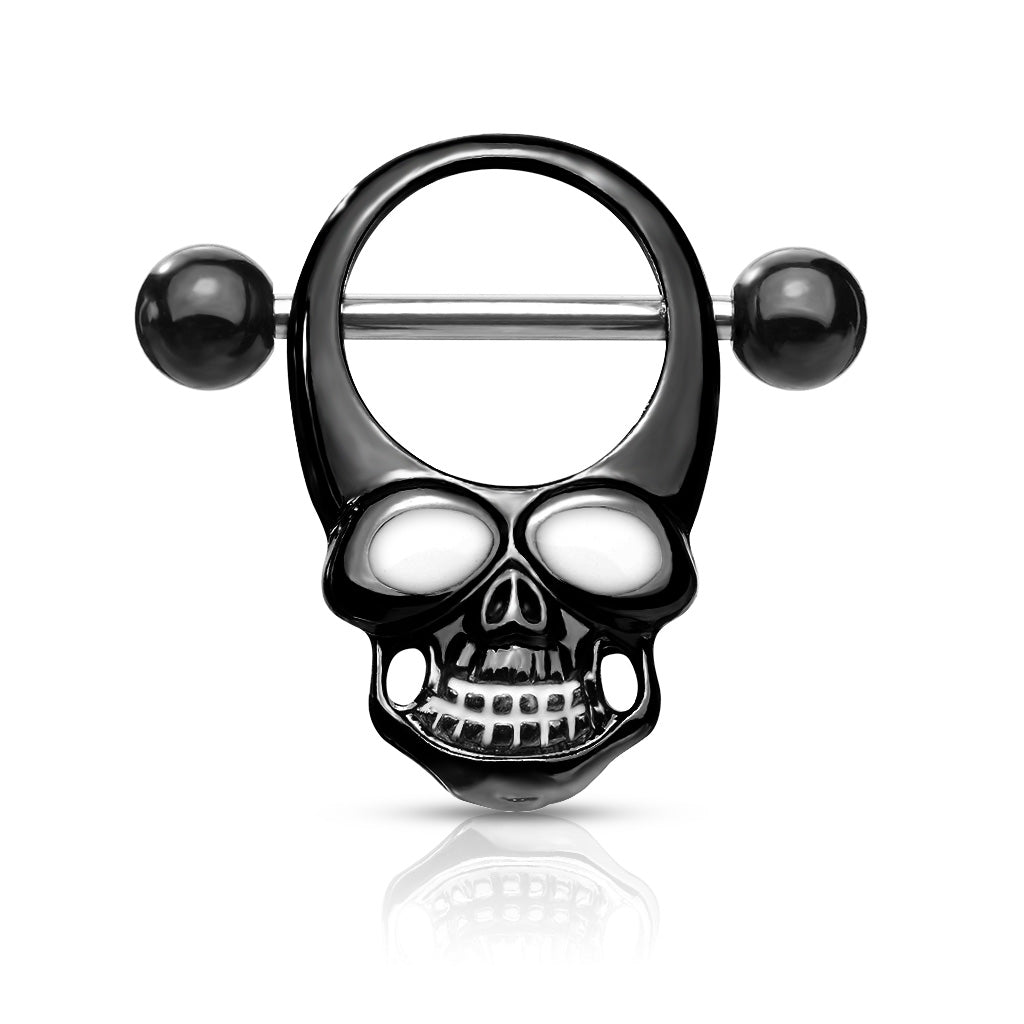 Skull With Enamel Eyes 316L Surgical Steel Nipple Shield Ring - Black