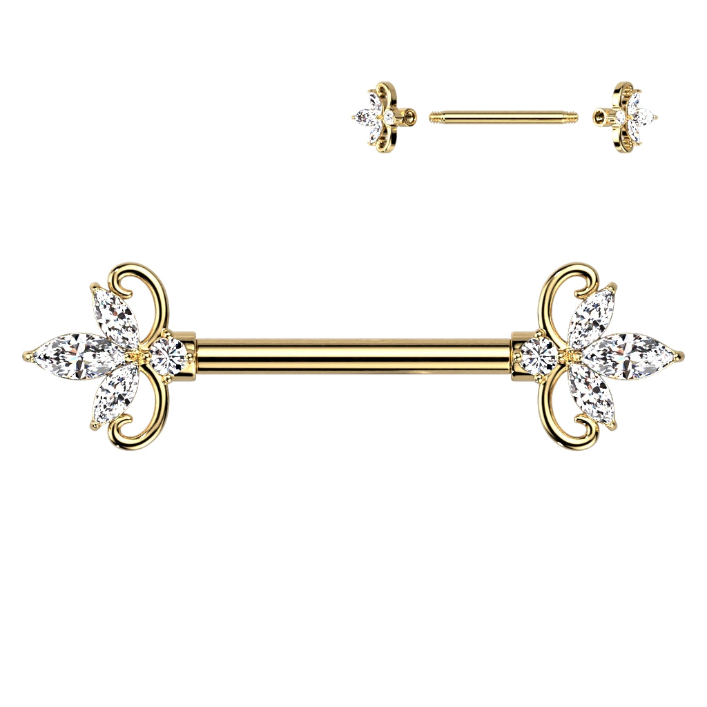 Double Heart Three Marquise CZ 316L Surgical Steel Nipple Barbell Ring - Gold/Clear