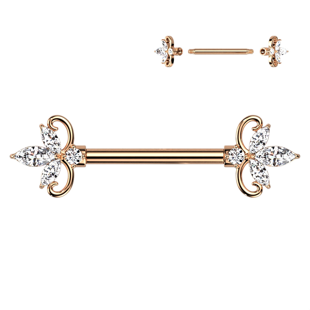 Double Heart Three Marquise CZ 316L Surgical Steel Nipple Barbell Ring - Rose Gold/Clear