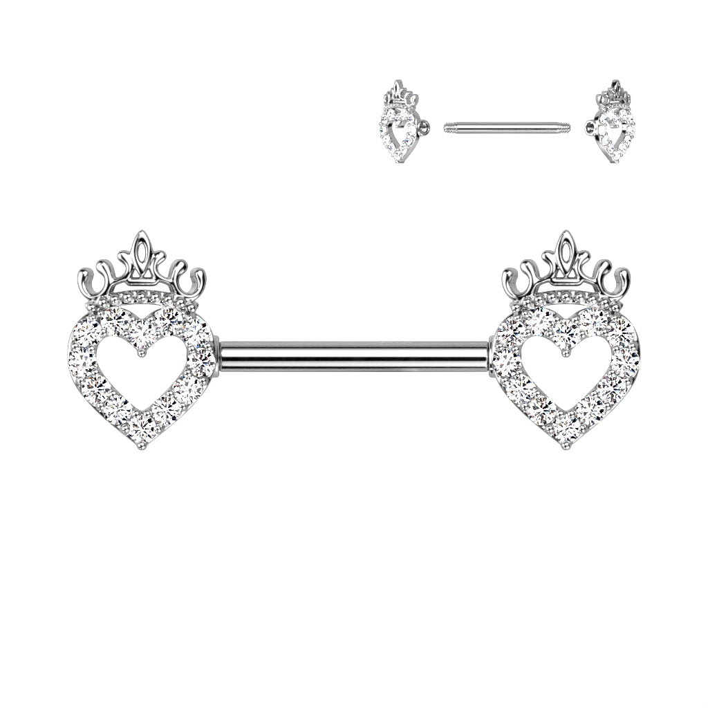 CZ Paved Hollow Heart and Crown 316L Surgical Steel Nipple Barbell Ring - Clear