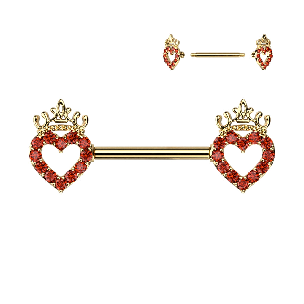CZ Paved Hollow Heart and Crown 316L Surgical Steel Nipple Barbell Ring - Gold/Red