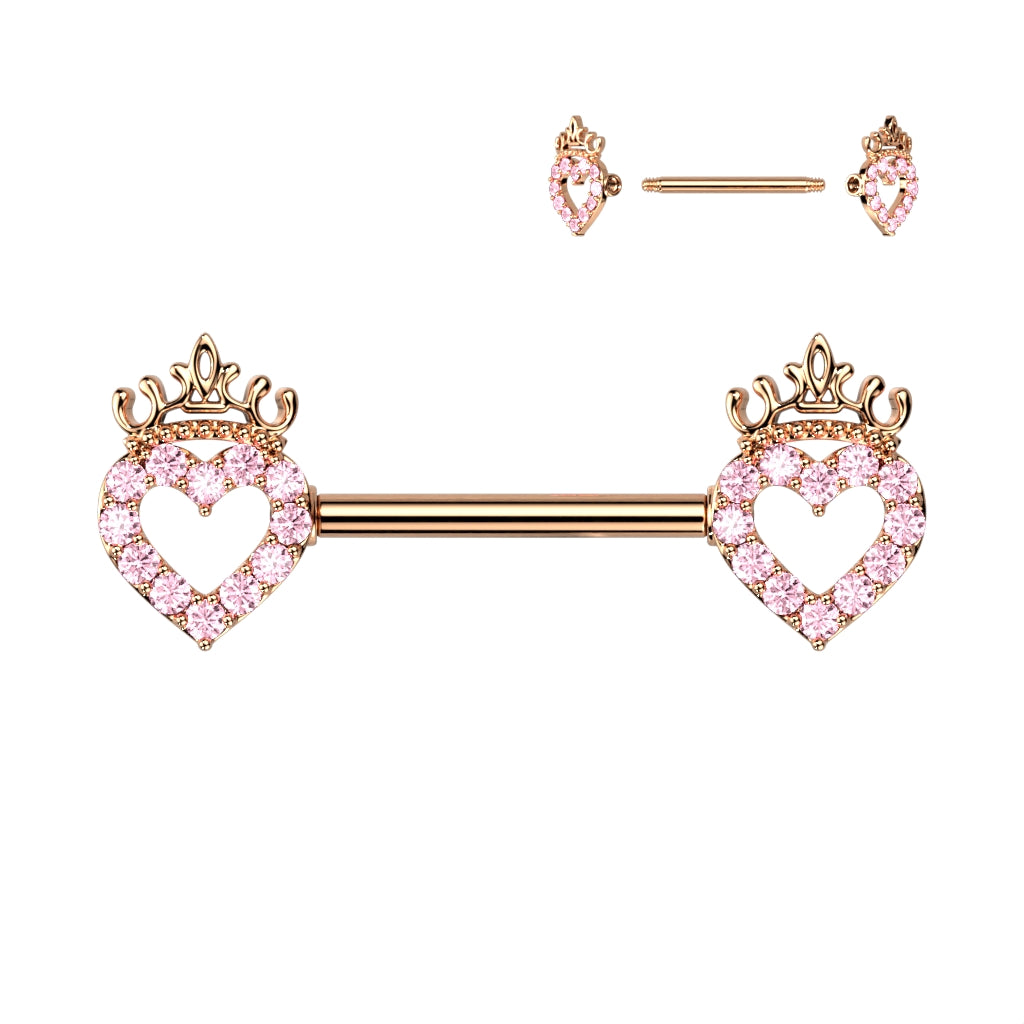 CZ Paved Hollow Heart and Crown 316L Surgical Steel Nipple Barbell Ring - Rose Gold/Pink