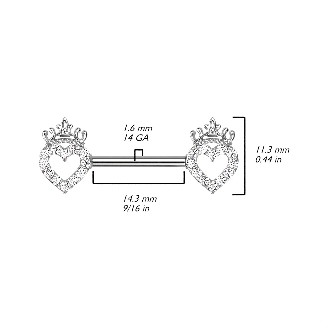 CZ Paved Hollow Heart and Crown 316L Surgical Steel Nipple Barbell Ring size chart