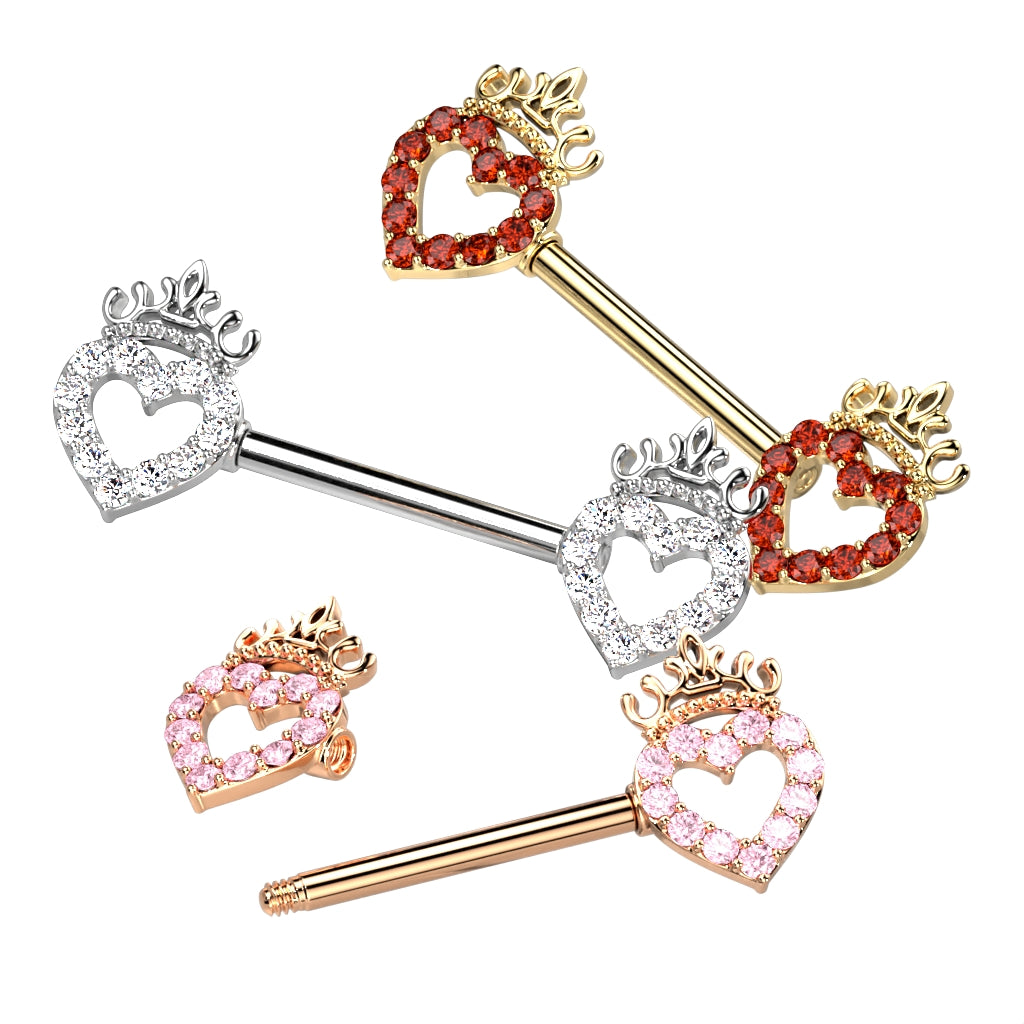 CZ Paved Hollow Heart and Crown 316L Surgical Steel Nipple Barbell Ring - all colors