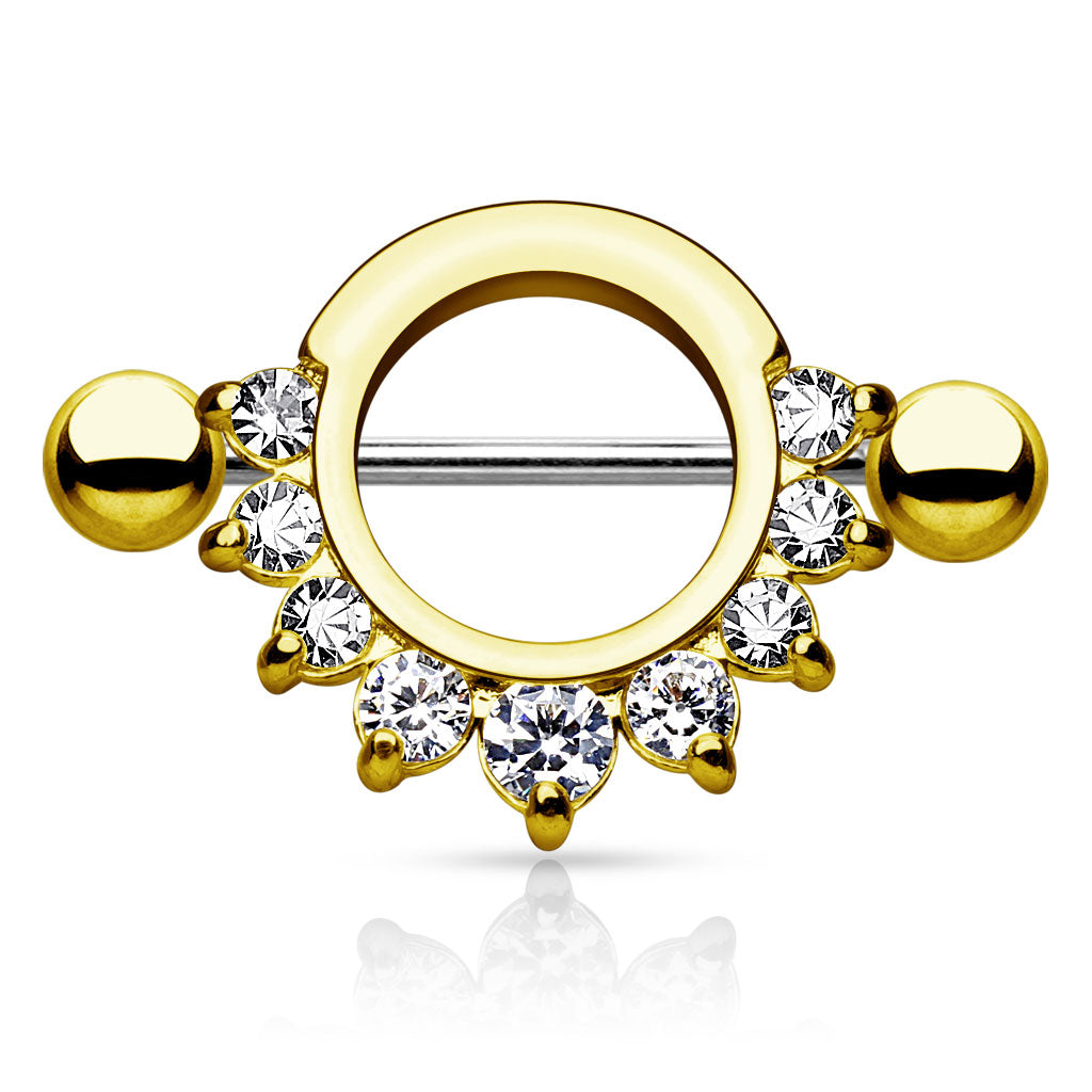 Pronged Gem Half Circle 316L Surgical Steel Nipple Shield - Gold/Clear