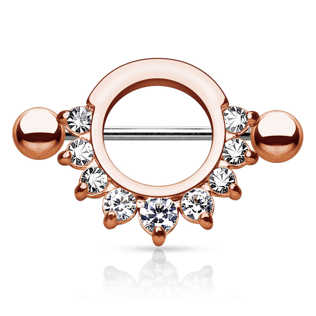 Pronged Gem Half Circle 316L Surgical Steel Nipple Shield - Rose Gold/Clear