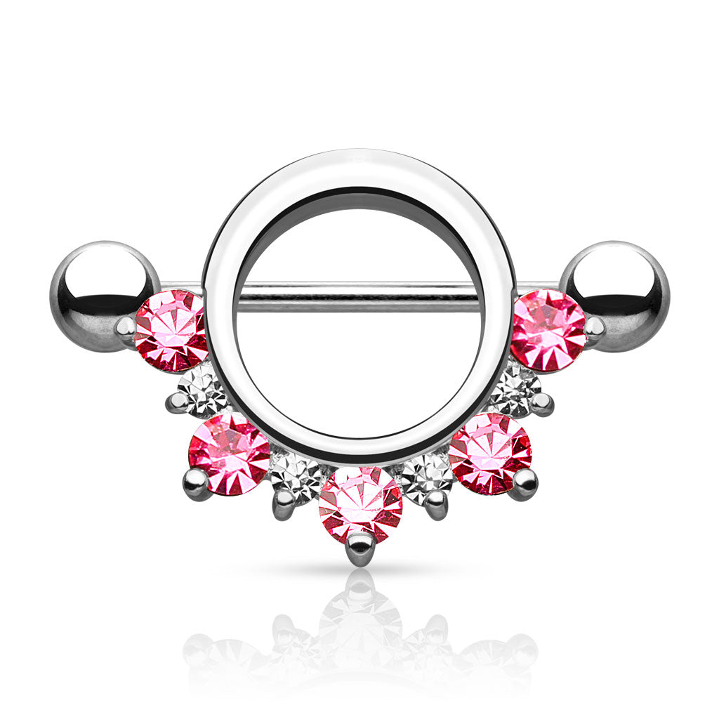 Half Circle CZ Lined 316L Surgical Steel Nipple Shield - Pink/Clear