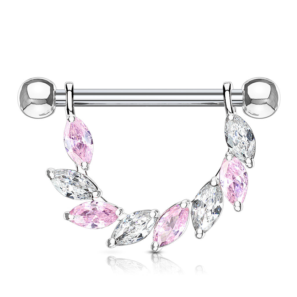 Marquise CZ Bridge Dangle Nipple Ring With 316L Surgical Steel Barbell - Clear/Pink